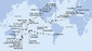 Chile, Zámořské území Velké Británie, Francouzská Polynésie, Cookovy ostrovy, Nový Zéland, Austrálie, Nová Kaledonie, Vanuatu, Samoa, Americká Samoa, USA, Mexiko, Kostarika, Panama, Jamajka, Britské Panenské ostrovy, Svatý Martin, Španělsko, Itálie, Francie z Valparaisa na lodi MSC Magnifica