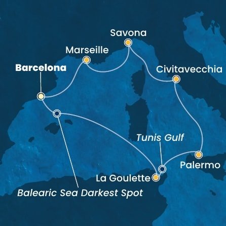 Španělsko, Tunisko, Itálie, Francie z Barcelony na lodi Costa Toscana