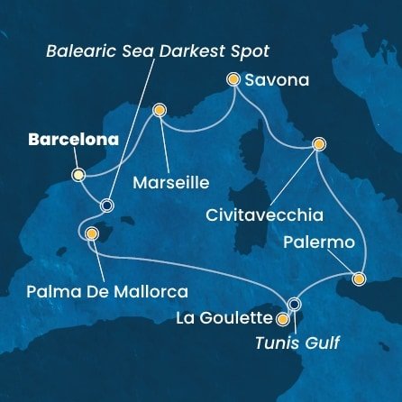 Španělsko, Tunisko, Itálie, Francie z Barcelony na lodi Costa Toscana