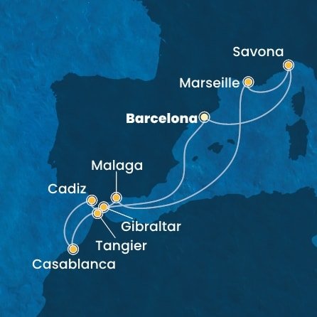Španělsko, Maroko, Velká Británie, Francie, Itálie z Barcelony na lodi Costa Diadema
