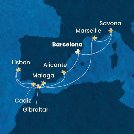 Španělsko, Portugalsko, Velká Británie, Francie, Itálie z Barcelony na lodi Costa Diadema