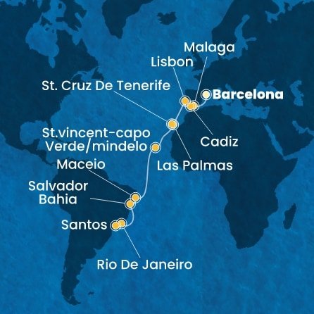 Španělsko, Portugalsko, Kapverdy, Brazílie z Barcelony na lodi Costa Diadema