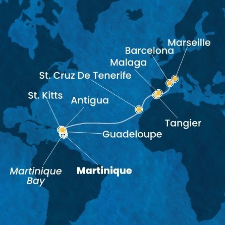 Martinik, Guadeloupe, Svatý Kryštof a Nevis, Antigua a Barbuda, Španělsko, Maroko, Francie z Fort-de-France na lodi Costa Favolosa