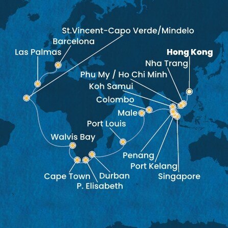 Čína, Vietnam, Thajsko, Singapur, Malajsie, Srí Lanka, Maledivy, Mauricius, Jihoafrická republika, Namibie, Kapverdy, Španělsko z Hong Kongu na lodi Costa Deliziosa