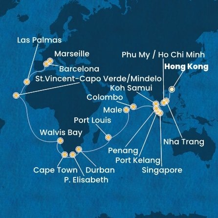 Čína, Vietnam, Thajsko, Singapur, Malajsie, Srí Lanka, Maledivy, Mauricius, Jihoafrická republika, Namibie, Kapverdy, Španělsko, Francie z Hong Kongu na lodi Costa Deliziosa