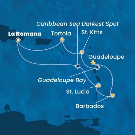 Dominikánská republika, Svatá Lucie, Barbados, Guadeloupe, Svatý Kryštof a Nevis, Britské Panenské ostrovy z La Romany na lodi Costa Fascinosa