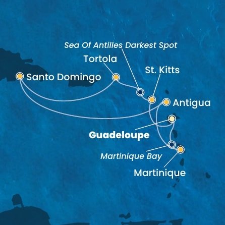 Guadeloupe, Svatý Kryštof a Nevis, Britské Panenské ostrovy, Dominikánská republika, Antigua a Barbuda, Martinik z Pointe-à-Pitre na lodi Costa Favolosa