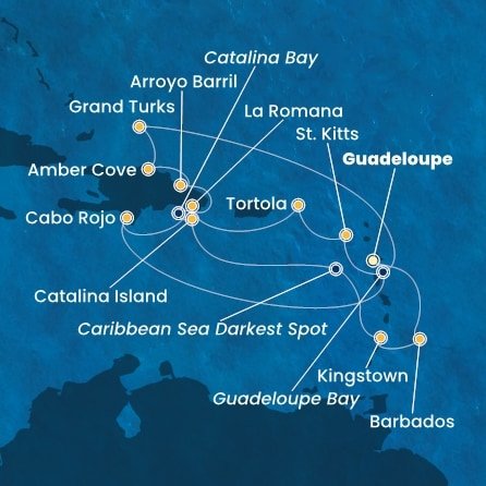 Guadeloupe, Svatý Kryštof a Nevis, Britské Panenské ostrovy, Dominikánská republika, Zámořské území Velké Británie, Svatý Vincenc a Grenadiny, Barbados z Pointe-à-Pitre na lodi Costa Fascinosa