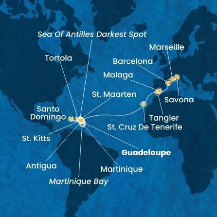 Guadeloupe, Svatý Kryštof a Nevis, Britské Panenské ostrovy, Dominikánská republika, Svatý Martin, Martinik, Antigua a Barbuda, Španělsko, Maroko, Francie, Itálie z Pointe-à-Pitre na lodi Costa Favolosa
