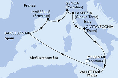 Itálie, Malta, Španělsko, Francie z Civitavecchia na lodi MSC World Europa