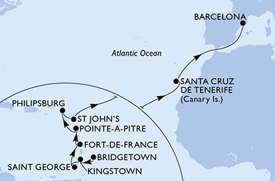 Barbados, Svatý Vincenc a Grenadiny, Grenada, Martinik, Guadeloupe, Svatý Martin, Antigua a Barbuda, Španělsko z Bridgetownu na lodi MSC World Asia