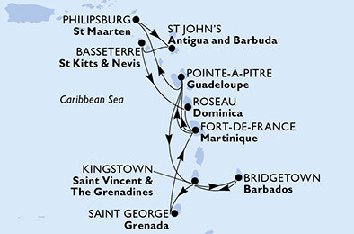 Barbados, Svatý Vincenc a Grenadiny, Grenada, Martinik, Guadeloupe, Svatý Martin, Antigua a Barbuda, Svatý Kryštof a Nevis, Dominika z Bridgetownu na lodi MSC World Asia