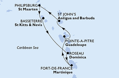 Guadeloupe, Antigua a Barbuda, Svatý Martin, Svatý Kryštof a Nevis, Dominika, Martinik z Pointe-à-Pitre na lodi MSC World Asia