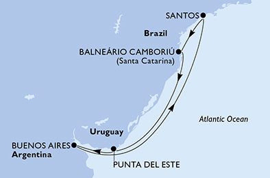 Brazílie, Uruguay, Argentina ze Santosu na lodi MSC Meraviglia