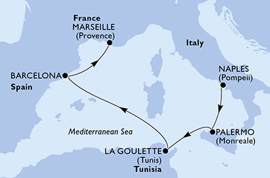 Itálie, Tunisko, Španělsko, Francie z Neapole na lodi MSC Euribia