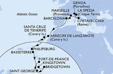 Itálie, Francie, Španělsko, Svatý Martin, Svatý Kryštof a Nevis, Svatý Vincenc a Grenadiny, Barbados, Grenada, Martinik z Janova na lodi MSC World Europa