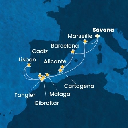 Itálie, Španělsko, Maroko, Velká Británie, Portugalsko, Francie ze Savony na lodi Costa Diadema