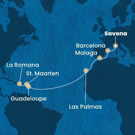 Itálie, Španělsko, Guadeloupe, Svatý Martin, Dominikánská republika ze Savony na lodi Costa Fascinosa
