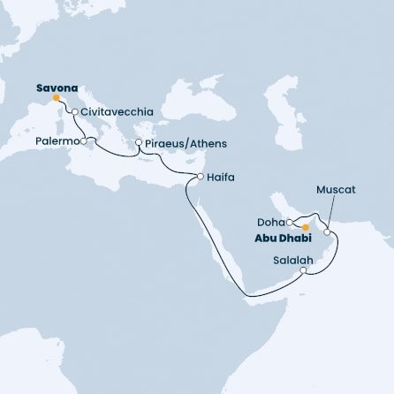 Itálie, Řecko, Izrael, Omán, Katar, Spojené arabské emiráty ze Savony na lodi Costa Toscana
