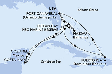 USA, Bahamy, Mexiko, Dominikánská republika z Port Canaveralu na lodi MSC Grandiosa