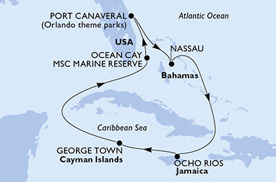 USA, Bahamy, Jamajka, Kajmanské ostrovy z Port Canaveralu na lodi MSC Seashore