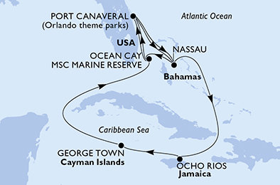 USA, Bahamy, Jamajka, Kajmanské ostrovy z Port Canaveralu na lodi MSC Seashore