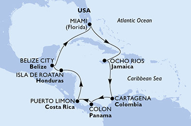 USA, Jamajka, Kolumbie, Panama, Kostarika, Honduras, Belize z Miami na lodi MSC Poesia