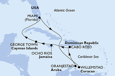 USA, Curacao, Aruba, Dominikánská republika, Jamajka, Kajmanské ostrovy z Miami na lodi MSC Poesia