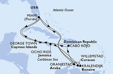 USA, Curacao, Aruba, Dominikánská republika, Jamajka, Kajmanské ostrovy, Bonaire z Miami na lodi MSC Poesia