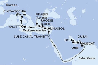 Itálie, Malta, Řecko, Kypr, Egypt, Omán, Katar, Spojené arabské emiráty z Civitavecchia na lodi MSC World Europa