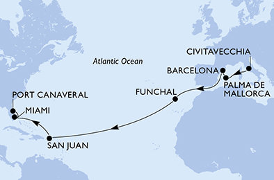 Itálie, Španělsko, Portugalsko, USA z Civitavecchia na lodi MSC Grandiosa