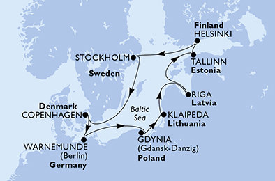 Německo, Polsko, Litva, Lotyšsko, Estonsko, Finsko, Švédsko, Dánsko z Warnemünde na lodi MSC Magnifica