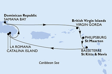 Dominikánská republika, Zámořské území Velké Británie, Svatý Martin, Svatý Kryštof a Nevis z La Romany na lodi MSC Opera