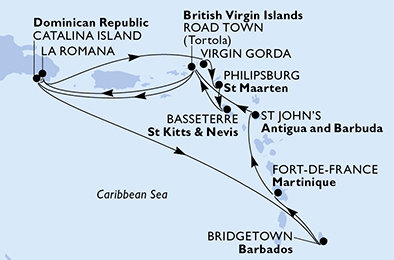 Barbados, Martinik, Antigua a Barbuda, Britské Panenské ostrovy, Dominikánská republika, Zámořské území Velké Británie, Svatý Martin, Svatý Kryštof a Nevis z Bridgetownu na lodi MSC Opera
