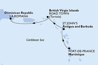 Martinik, Antigua a Barbuda, Britské Panenské ostrovy, Dominikánská republika z Fort-de-France na lodi MSC Opera