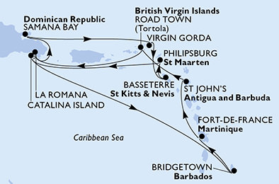 Dominikánská republika, Zámořské území Velké Británie, Svatý Kryštof a Nevis, Svatý Martin, Barbados, Martinik, Antigua a Barbuda, Britské Panenské ostrovy z La Romany na lodi MSC Opera