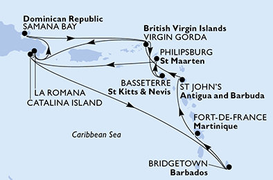 Dominikánská republika, Zámořské území Velké Británie, Svatý Kryštof a Nevis, Svatý Martin, Barbados, Martinik, Antigua a Barbuda z La Romany na lodi MSC Opera