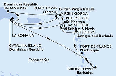 Dominikánská republika, Barbados, Martinik, Antigua a Barbuda, Britské Panenské ostrovy, Zámořské území Velké Británie, Svatý Kryštof a Nevis, Svatý Martin z La Romany na lodi MSC Opera