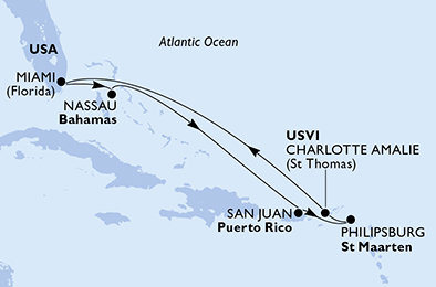 USA, Bahamy, Svatý Martin z Miami na lodi MSC Meraviglia