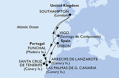 Velká Británie, Španělsko, Portugalsko ze Southamptonu na lodi MSC Meraviglia