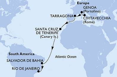 Itálie, Španělsko, Brazílie z Civitavecchia na lodi MSC Divina