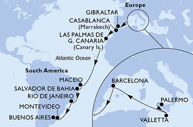 Itálie, Malta, Španělsko, Velká Británie, Maroko, Brazílie, Uruguay, Argentina z Palerma na lodi MSC Splendida