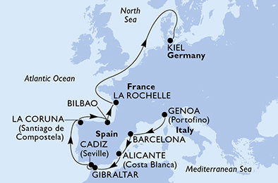 Itálie, Španělsko, Velká Británie, Francie, Německo z Janova na lodi MSC Euribia