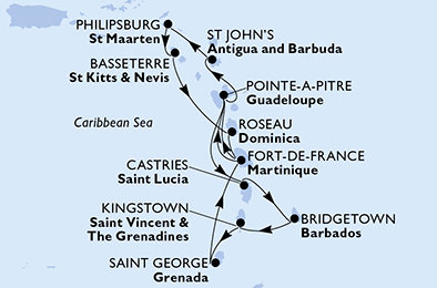 Martinik, Guadeloupe, Antigua a Barbuda, Svatý Martin, Svatý Kryštof a Nevis, Dominika, Svatá Lucie, Barbados, Svatý Vincenc a Grenadiny, Grenada z Fort-de-France na lodi MSC Seaview