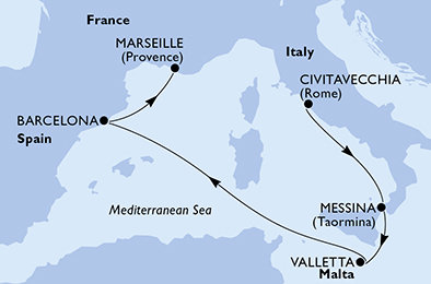 Itálie, Malta, Španělsko, Francie z Civitavecchia na lodi MSC World Europa