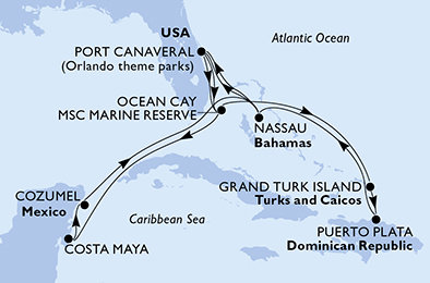 USA, Bahamy, Zámořské území Velké Británie, Dominikánská republika, Mexiko z Port Canaveralu na lodi MSC World Atlantic