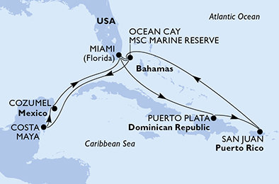 USA, Bahamy, Mexiko, Dominikánská republika z Miami na lodi MSC World America