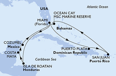 USA, Honduras, Mexiko, Dominikánská republika, Bahamy z Miami na lodi MSC World America