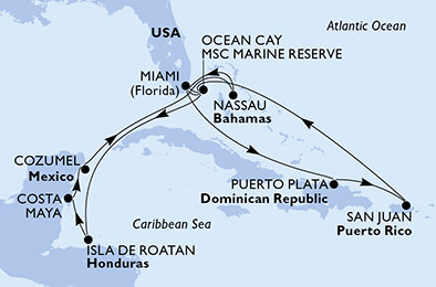 USA, Bahamy, Honduras, Mexiko, Dominikánská republika z Miami na lodi MSC World America