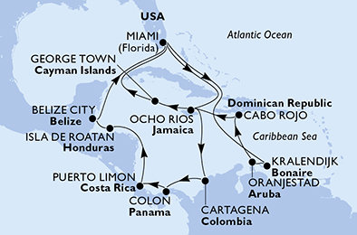 USA, Jamajka, Kolumbie, Panama, Kostarika, Honduras, Belize, Bonaire, Aruba, Dominikánská republika, Kajmanské ostrovy z Miami na lodi MSC Poesia